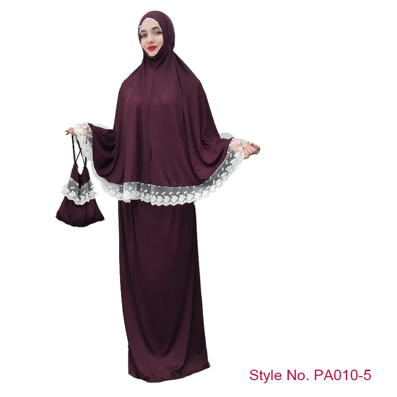 Мусульманская женская молитвенная одежда Khimar юбка комплект длинное платье хиджаб Арабская абайя Jilbab Niqab Afghanistan Clothes For Namaz - Цвет: Purple Lace Khimar