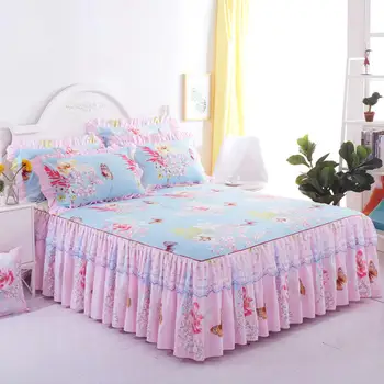 

3Pcs/Set Korean Princess Lace Double Lace Anti-skid Bed Skirt Sweet Flower Bush-Blue Bed Skirt + Pillowcase Twin Full Queen King