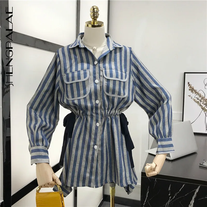 

SHENGPALAE New Autumn Vintage Style Full Sleeve Striped Pockets Single Breasted Mini Dress With Elastic Shorts Women Suit FR906