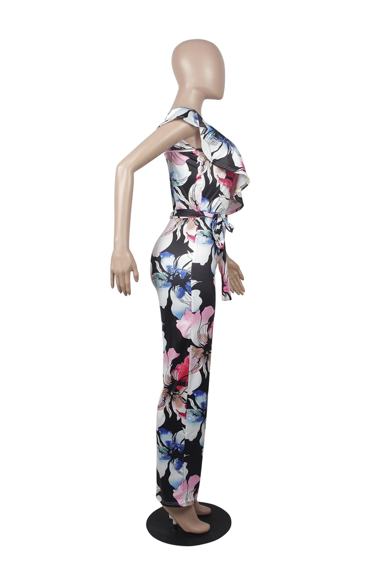 9040138 casual one shoulder floral flower printed wide leg jumpsuit women 2019