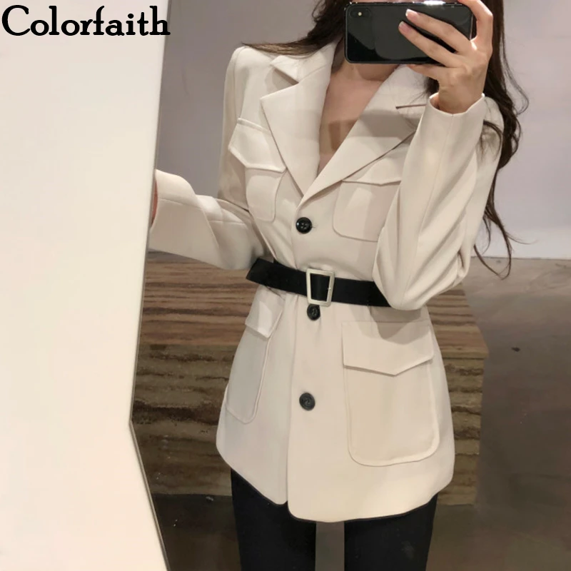 

Colorfaith New 2019 Autumn Winter Women Blazers Jackets With Belt Pockets Fashionable Office Lady Korean Style Solid JK713