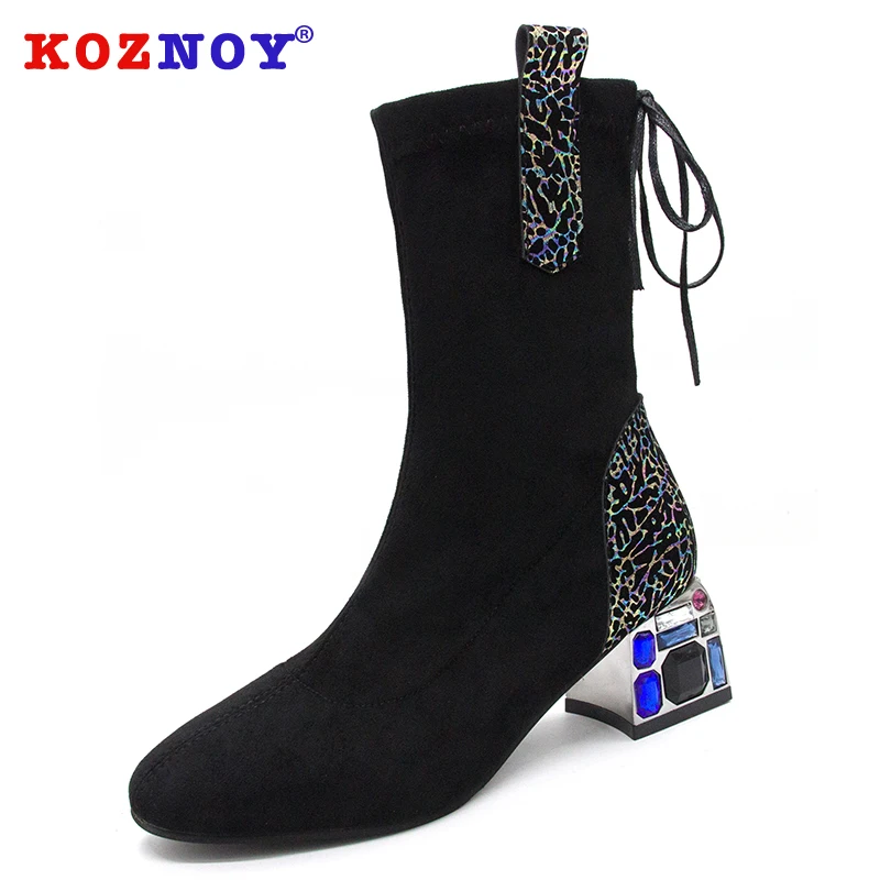 

Koznoy Boots Autumn Women Fashion Dropshipping Crystal Thick Bottom Breathable Slip on Suede Square Heels Leisure Ankle Boots