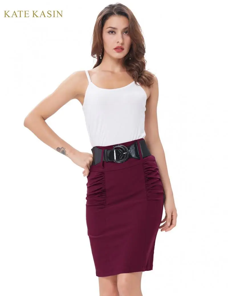 

Kate Kasin Women's Shirred Detail High Waist Stretchy Pencil Skirt With Wide Belt Office Lady Work Skirt Solid Formal Midi Skirt