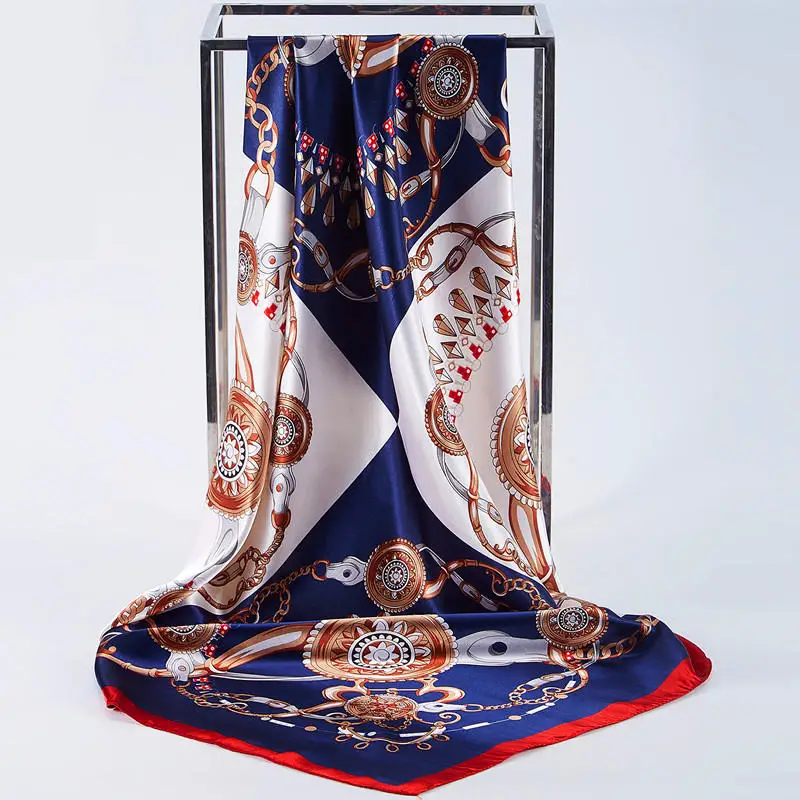 Шелковый шарф для женщин Европейский Леопардовый принт квадратный платок шарфы обертывания роскошный бренд Женские платки атласные платки хиджаб шарфы 90*90 см - Цвет: 34