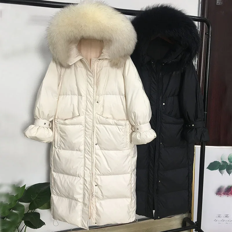 Корейский стиль, пуховик женский, длинный, выше колена, с капюшоном, свободный крой, для похудения, большой меховой воротник, универсальный, белый утиный пух, толстый C