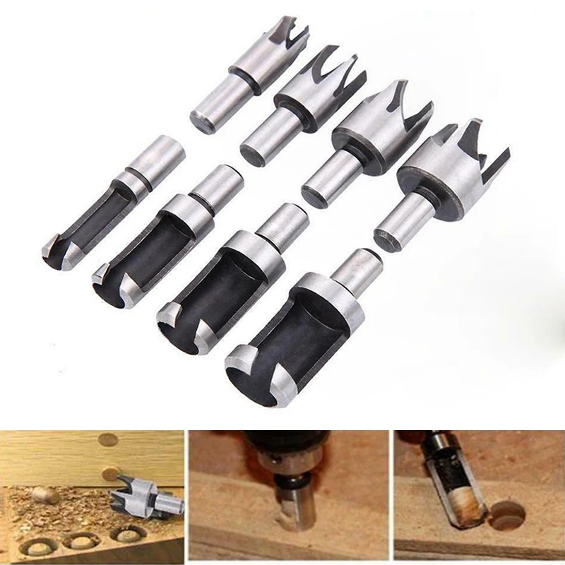 

8Pcs Wood Plug Cutter Drill Cutting Tool Drill Bit Set Straight And Tapered Taper 5/8" 1/2" 3/8" 1/4" Woodworking Cork Drill Bit