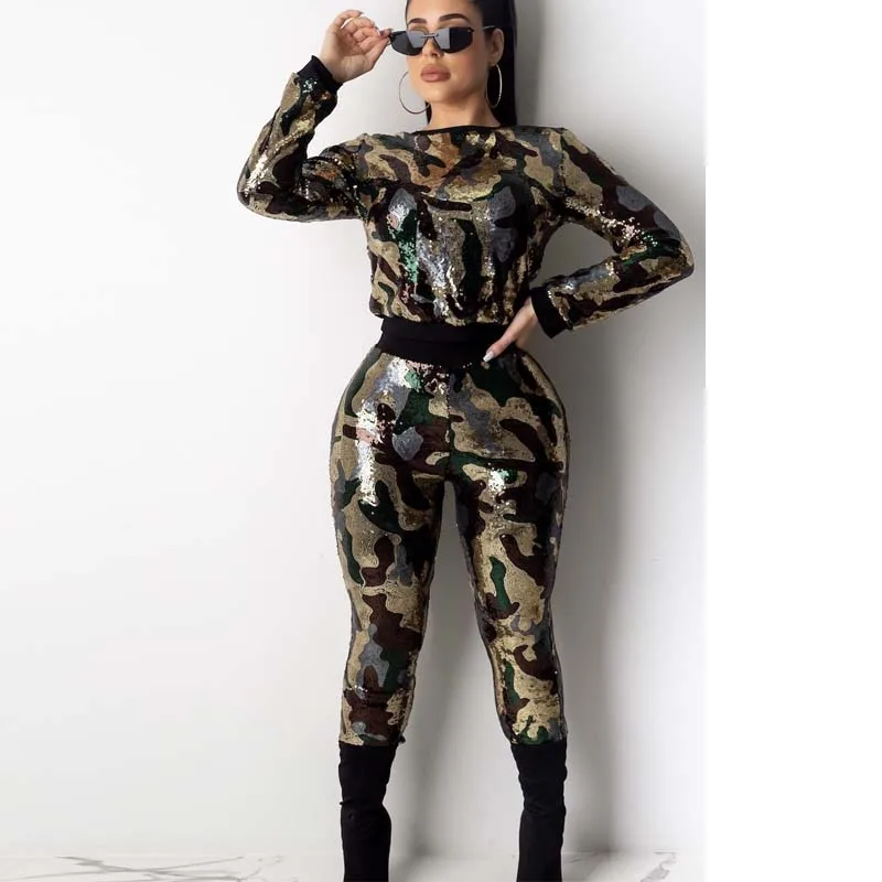 

New Sexy Camouflage Sequin Two Piece Set Women Crop Tops And Skinny Pants Suit Matching Set Plus Size 2 Piece Club Outfits