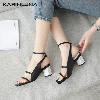 

Karinluna On Sale New INS Hot Luxury Round Heels Genuine Leather Summer Party Skin Sandals Woman Shoes Women