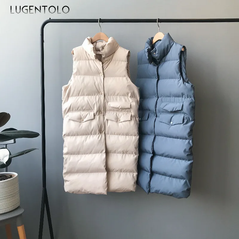 Lugentolo Пальто Женский Длинный жилет свободный ношение тонкий сплошной осень зима хлеб одежда мода однобортный карман жилет
