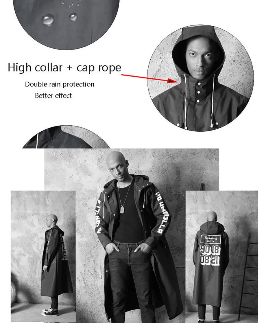 ZQBXJDW Stylish EVA Black Adult Raincoat Alan Walker Pattern Outdoor Men's Long Style Hiking Poncho Environmental rain coat