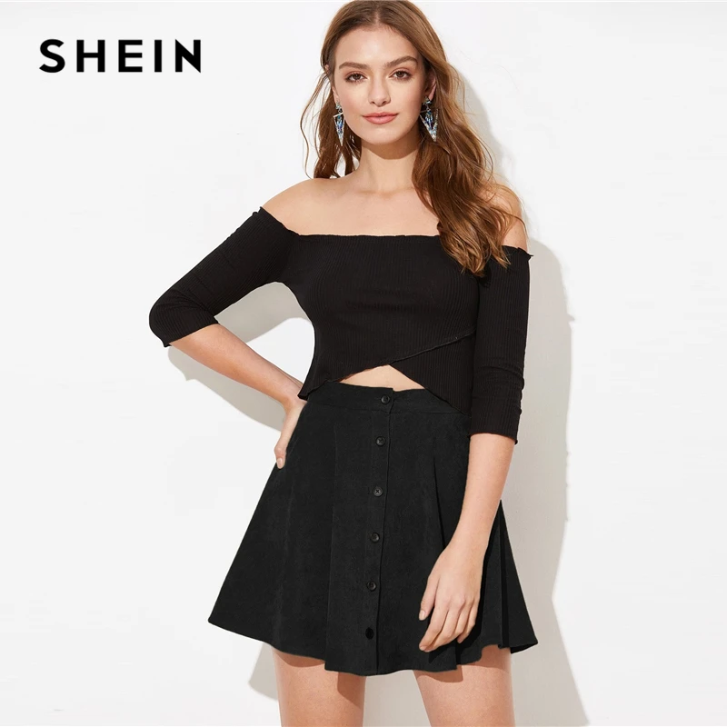 SHEIN однотонная Вельветовая повседневная юбка с пуговицами спереди, Женская юбка, осень, уличная одежда, высокая талия, Женские базовые короткие расклешенные юбки