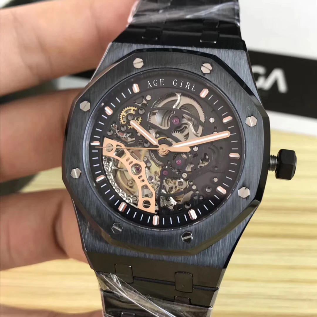 

Luxury Brand New Automatic Mechanical Men Sapphire Transparent Back See Through Skeleton Rose Gold Full Black Tourbillion Watch