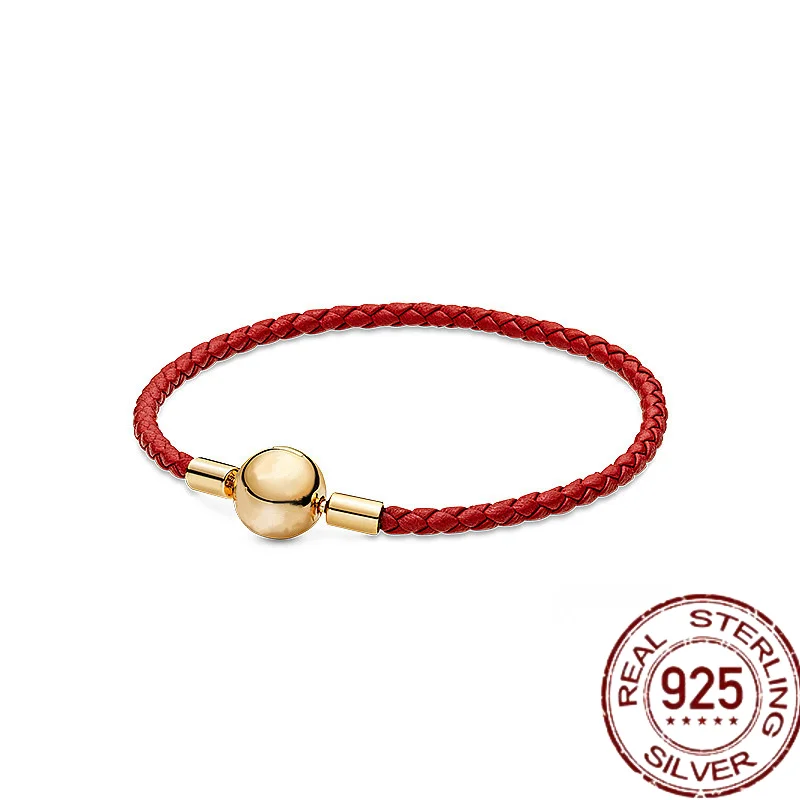 925 Sterling silver gold leather rope red single loop round head Fit European Charm Bracelet for Women DIY Jewelry Making | Украшения и