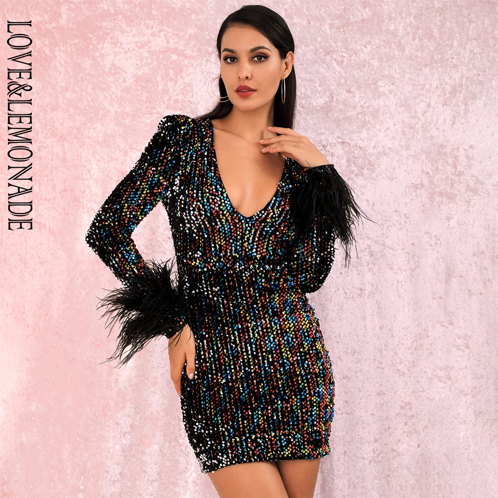 LOVE&LEMONADE сексуальное мини-платье с глубоким v-образным вырезом и цветными Светоотражающими блестками LM82142