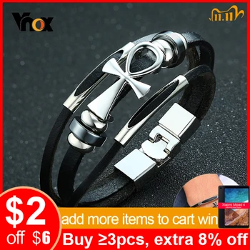 

Vnox Anka Charm Bracelets for Men Black Layered Leather Bangle Causal Male Jewelry