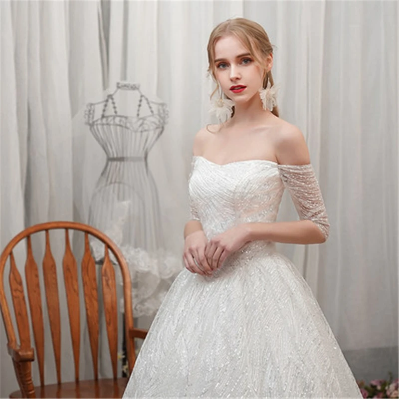 Новое поступление роскошное кружевное свадебное платье с блестками Vestidos De Novia, свадебное платье с вырезом лодочкой, платье принцессы в стиле ретро с открытыми плечами, рукав до локтя, 7