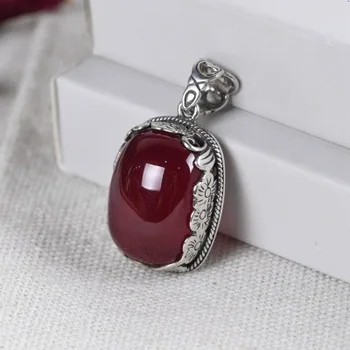 

925 Sterling Silver Pendant For Women Faceted Natural Gemstone Engrave Flowers Antique Retro Red Agate Pendant