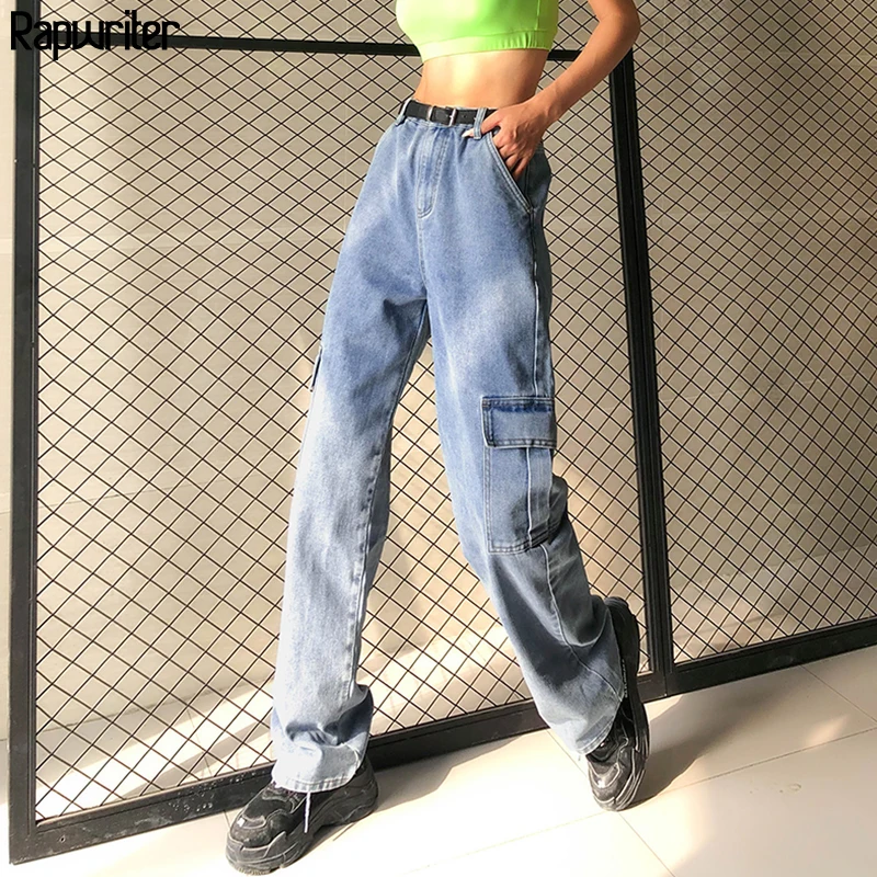 Rapwriter Streetwear Full Length Straight High Waist Pant 2020 Cotton Pockets Patchwork Cargo Pants Women Blue Jean Capris Femme Rapwriter Streetwear Full Length Straight High Waist Pant 2020 Cotton Pockets Patchwork Cargo Pants Women Blue Jean Capris Femme