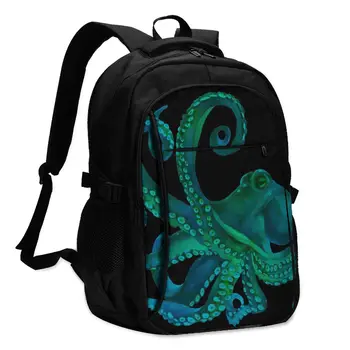

Hot USB Charging Laptop Women's Backpack For School Backpack Blue Watercolor Octopus Devilfish With Tentacles Travel Bagpack