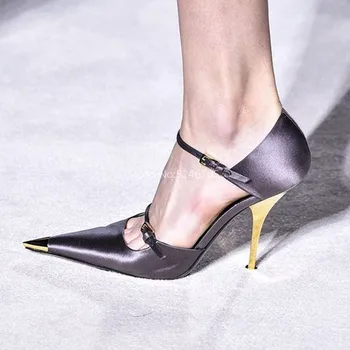 

Satin Mary Jane Pumps Special Gold Pointed Toe Party Wedding Woman Shoes Two Buckle High Heels Cut Out Sandals Woman Shoes