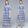 New Summer Runway Flower Embroidery Dress Women's Flare Sleeve Stand Floral Blue Hollow out Embroidered Long Mesh Dresses ► Photo 2/5
