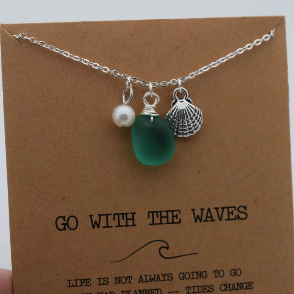 Sanlan Wire wrapped sea glass necklace with cards Beach Lover Gift 5