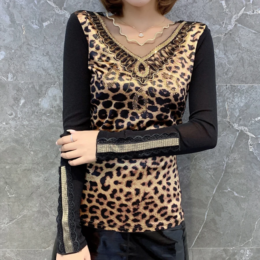 Poleras mujer de moda модная леопардовая футболка с длинным рукавом, женская рубашка с v-образным вырезом размера плюс, горячая Распродажа, футболка с бриллиантами, camiseta mujer