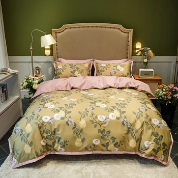 

TUTUBIRD Egyptian cotton European bedding bed linen yellow floral print pastoral style satin duvet cover king queen bedspread