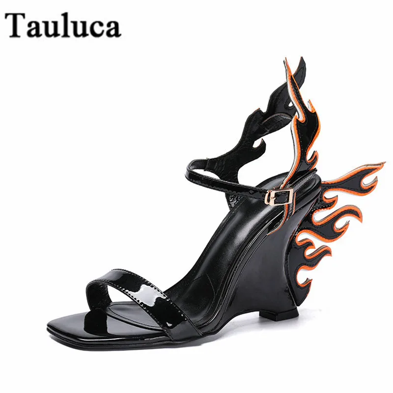 

New Women Patent Leather Wedge Sandals Peep Toe Sexy Flame Shape Buckle Ankle Strap Sandals Personality Female Sheepskin Sandals