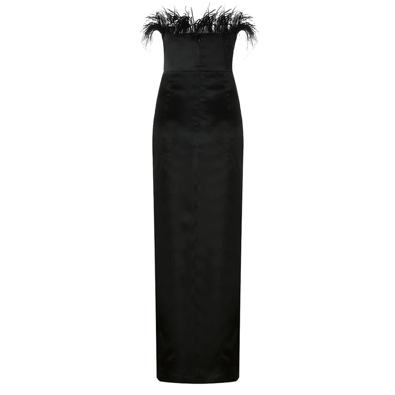 INDRESSME Autumn New Fashion Women Sexy Vestidos Feather Strapless Sleeveless Bodycon Gown Slit Party Club Long Satin Dress