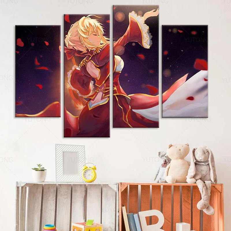 Картина на холсте 4 шт. Настенная картина аниме плакат Fate Extra Red Saber Модульная для