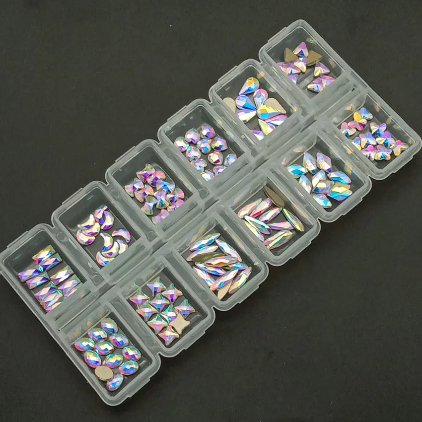120pcs AB set 1 120 шт стеклянные стразы разных форм AB для дизайна ногтей, Смешанные 12 видов стилей Кристаллы с плоской задней поверхностью, 3D украшения, камни, драгоценные камни - Цвет: 120pcs AB set 1