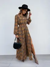 

2021 Autumn and Winter New Women's Casual Style Pattern Printed Chiffon Long-sleeved Waist Split Long Skirt Dress