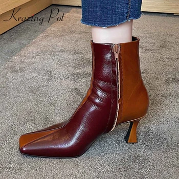 

krazing pot 2020 large size genuine leather mixed colors square toe high strange heels zipper dance party mature ankle boots L73