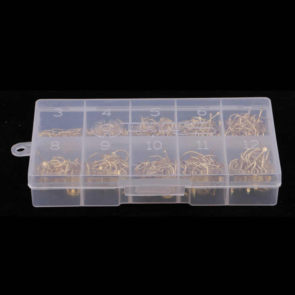 500pcs/set Sharp Fishing Hooks Barbed Hooks Gold Fishhooks 3-12# with Box Super Sharp and Durable Fishhooks