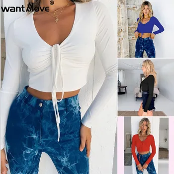 

Spring 2020 new 4 colors women tops Wantmove sexy v neck bust ruched lace up long sleeve crop tops bodycon solid club top WM1142