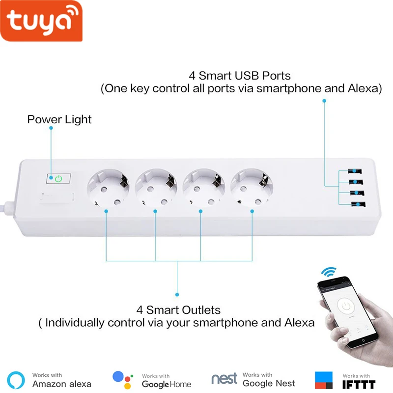 

Smart WiFi Power Strip Tuya Smart App Control Type-F 4 Outlets 4 USB Ports Individually Control Alexa Google Home Compatible 5.0
