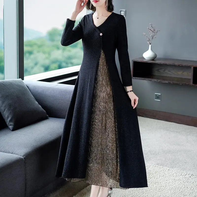 Fake плюс размер поддельные две части Длинное Макси платье для женщин с длинным рукавом v-образным вырезом винтажные Элегантные корейские платья vestidos mujer - Цвет: black