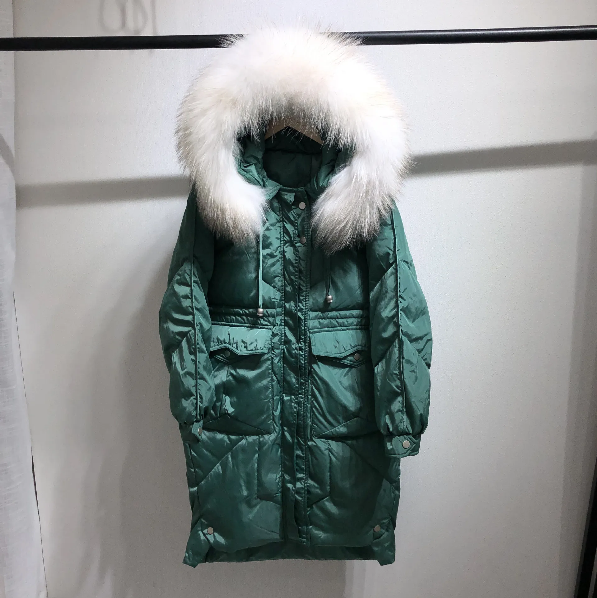Large Pocket Drawstring Slimming White Duck Down Jacket Women's Mid-length Winter Large Fur Collar Thick Korean-style Coat