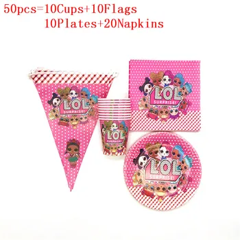 

Surprise Dolls Theme 50pcs/80pcs/lot Children Birthday Party Paper Cup+Plate+Napkin+Flag Event Party Cartoon Banner Supply