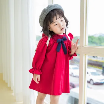 

Fashion Red Color bowknot princess Dresses Baby Girls Ruffles Toddler Kids Birthday Party Dresses Children's Clothing Autumn