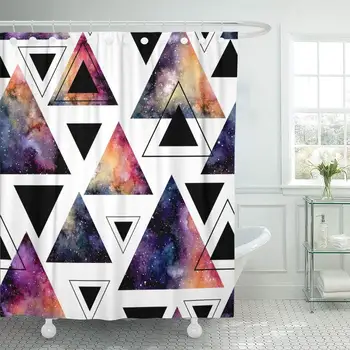 

Shower Curtain Pink Geometric of Watercolor Triangles and Colorful Galaxy Red Sky Abstract Black Cloud Bathroom
