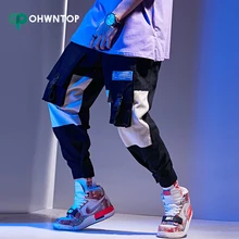 Мужские брюки-карго в стиле хип-хоп; уличная одежда; мужские мешковатые шаровары; лоскутные брюки с несколькими карманами; повседневные брюки с лентами Харадзюку