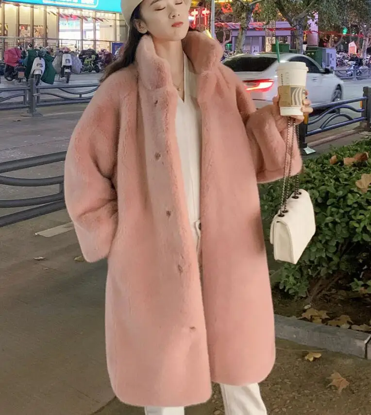 Autumn and winter Korean version of thickened imitation rex rabbit fur mid-length stand-up collar faux coat women's net | Женская