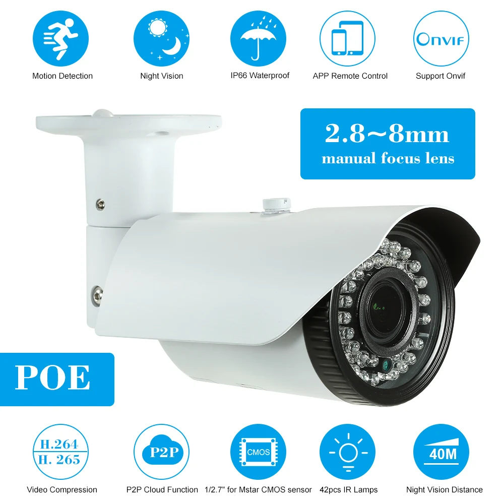 

Camera Bullet POE IP Camera 2.8~12mm Manual Zoom Varifocal Focus Lens H.264/H.265 Optional 1/2.7" for Mstar COMS Sensor IR-CUT