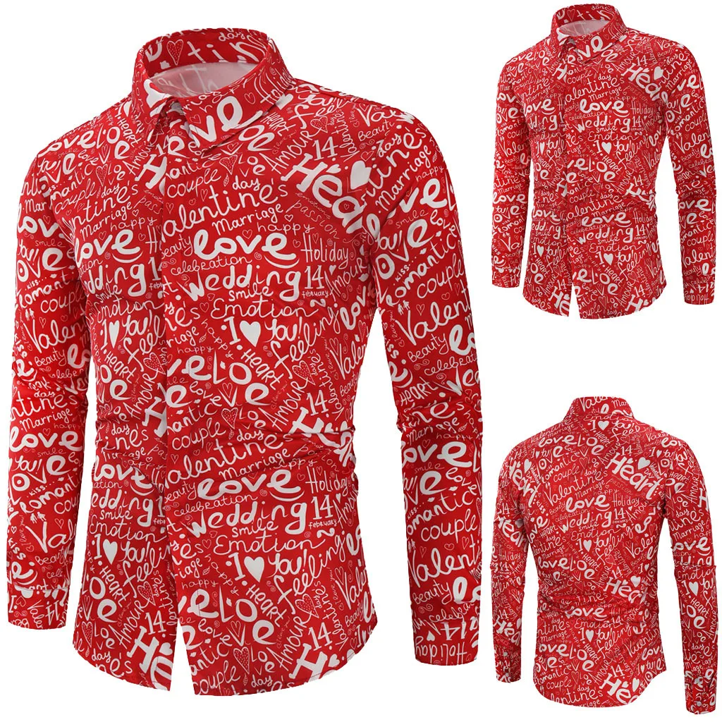 

Fashion Men's Casual Button Valentine's Day Lovers Printed Shirt Top Blouse