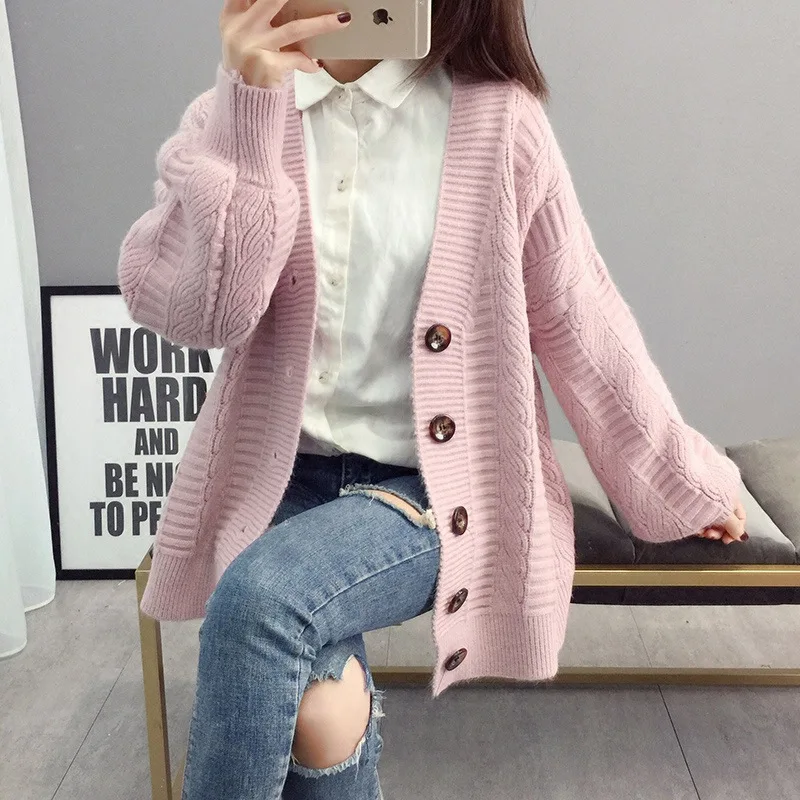 V-neck Oversized Cardigans Sweater Women's New Korean of White Loose Large Size Cardigan Knitting Tops |