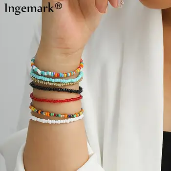 

Kpop Boho Rainbow Rice Bead Bracelet Bangle Summer Beach Women Vintage Elasticity Chain Bracelets Friends Couple Charm Jewelry