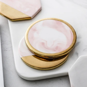 

Ceramic Mats Edge Gold Plated Coasters Polygon Marble Heat Insulation Pads Tea Tray with Cork Mat Table Decoration Accessories