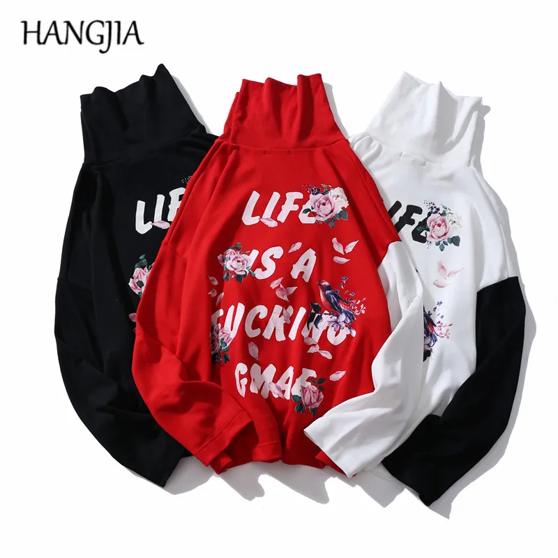 

Oversize Turtleneck Printed Pullovers Sweatshirt Men Women Hip Hop Cherry Blossoms Letters Patchwork Sweatshirts for Men 2019